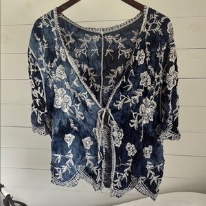 Elegant Blue and White Floral Lace Tie Front Top